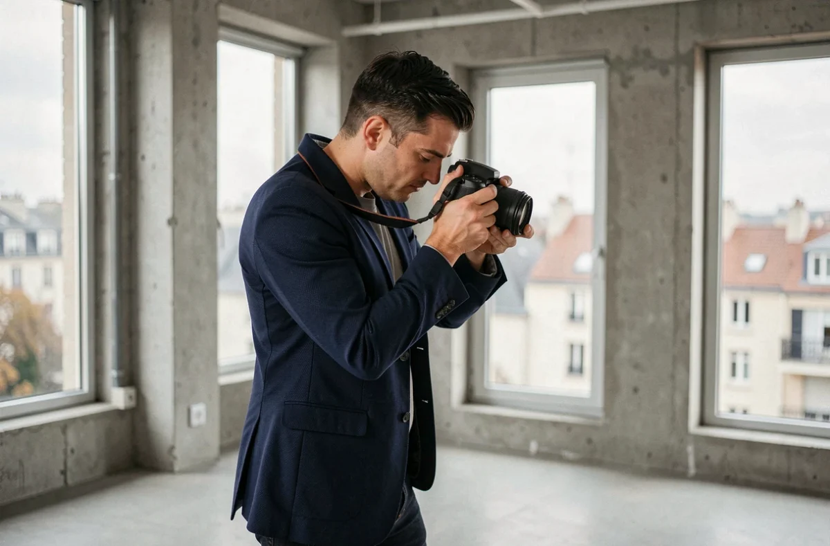 Portrait du photographe Sacha Lebert dans son studio avec appareil photo