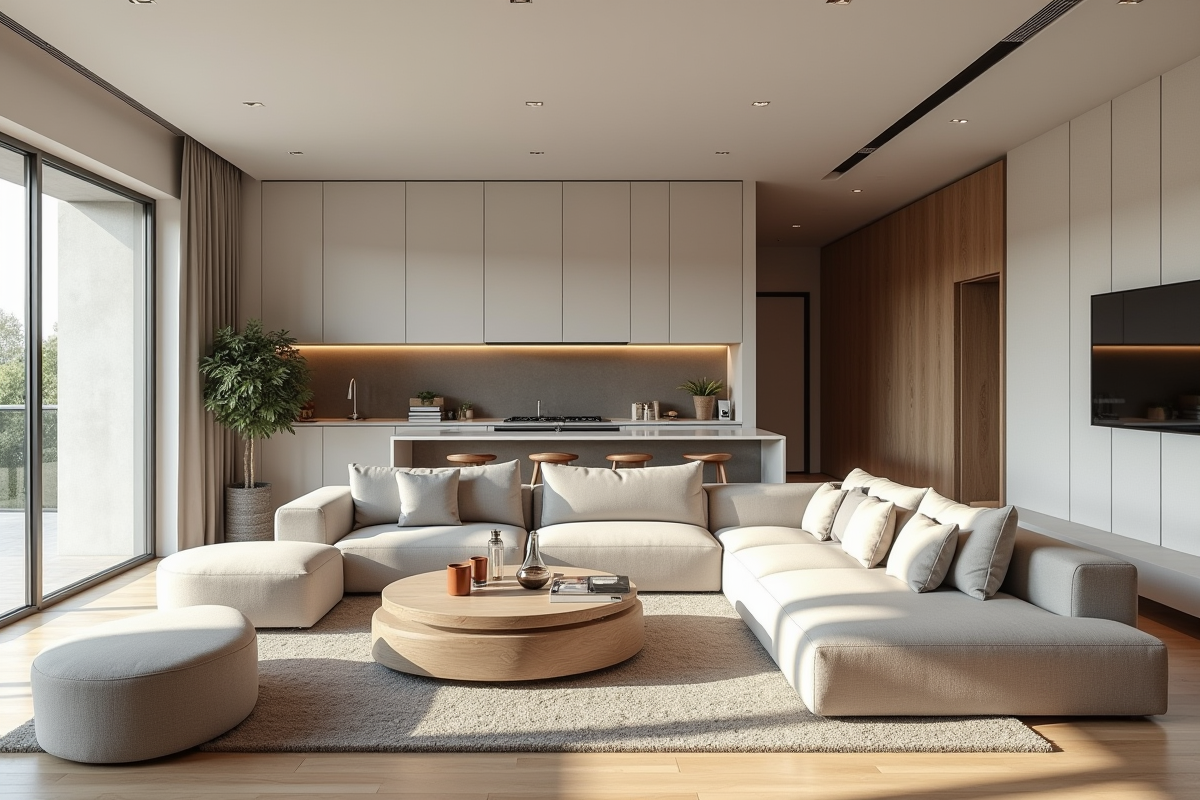 Salon spacieux T5 en France avec lumière naturelle et décoration française