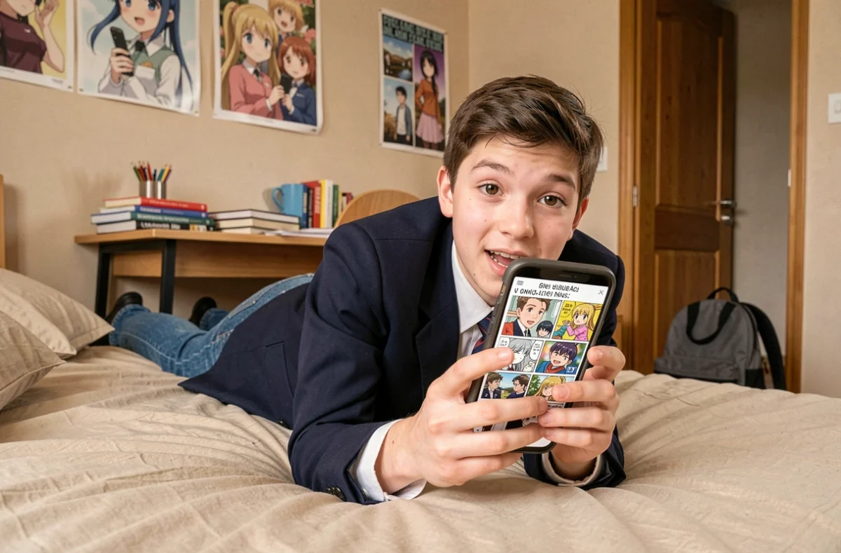 Adolescent lisant un scan de manga en français sur smartphone dans sa chambre