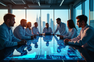 Groupe de scientifiques collaborant autour d'une table holographique futuriste