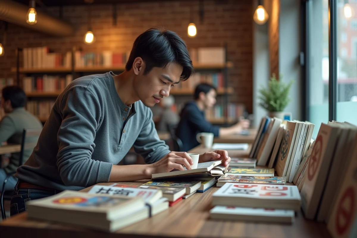 Homme découvrant une sélection de mangas posés sur une table de café avec plusieurs volumes ouverts