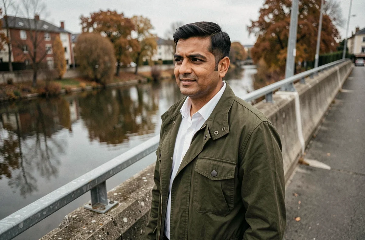 Selvain Sivapregassam photographe sur un pont urbain avec reflets dans la rivière
