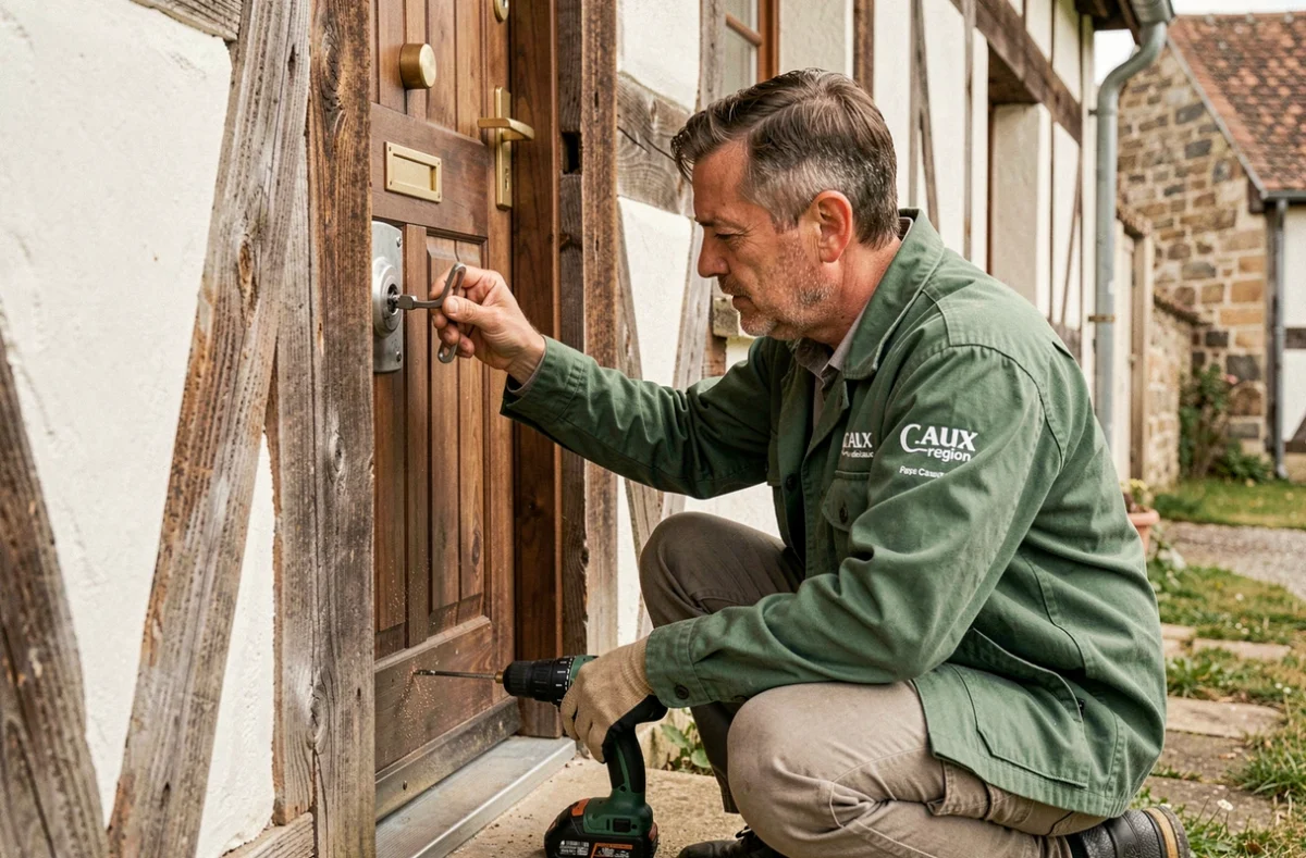 Serrurier Serru'Caux posant une plaque de blindage sur la porte d'une maison à colombages normande