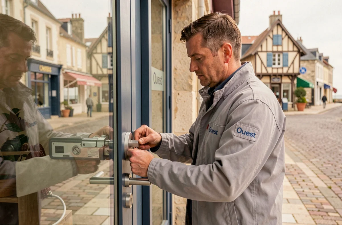 Technicien Serrure Ouest posant une nouvelle serrure sur la vitrine d'un commerce normand