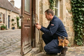 Serrurier professionnel en Seine-Maritime intervenant sur une porte d'entrée en pierre normande