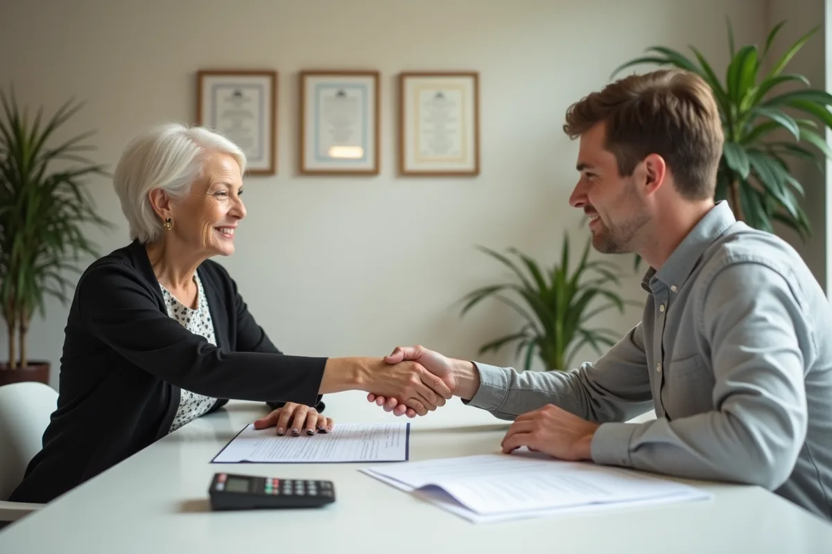 Homme et femme se serrant la main sur une table de travail