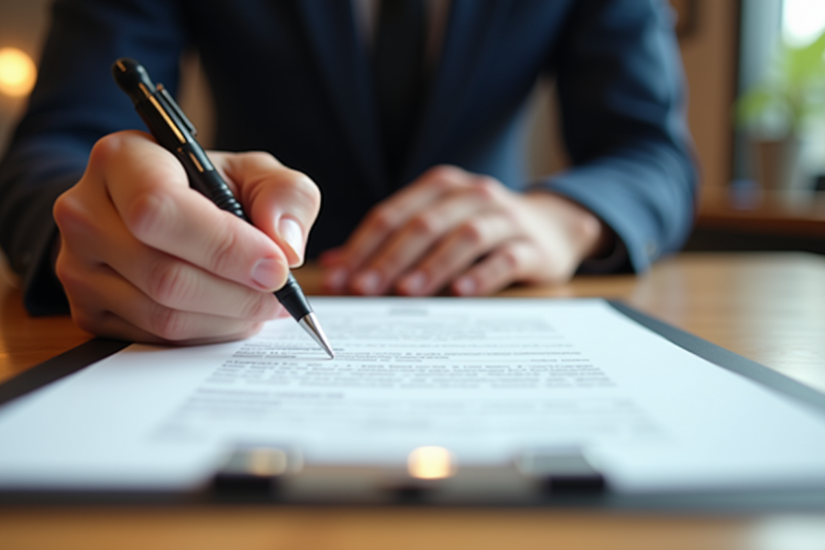 Main signant un document officiel sur une table en bois claire
