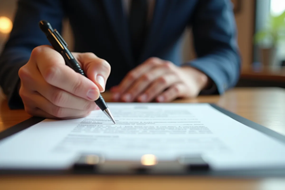 Main signant un document officiel sur une table en bois claire
