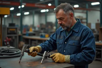 Soudeur homme en atelier industriel examine deux torches