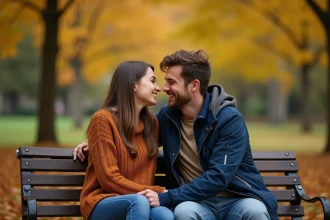 Couple complice dans un parc en automne, la femme chuchote un surnom affectueux à l'oreille de son partenaire souriant