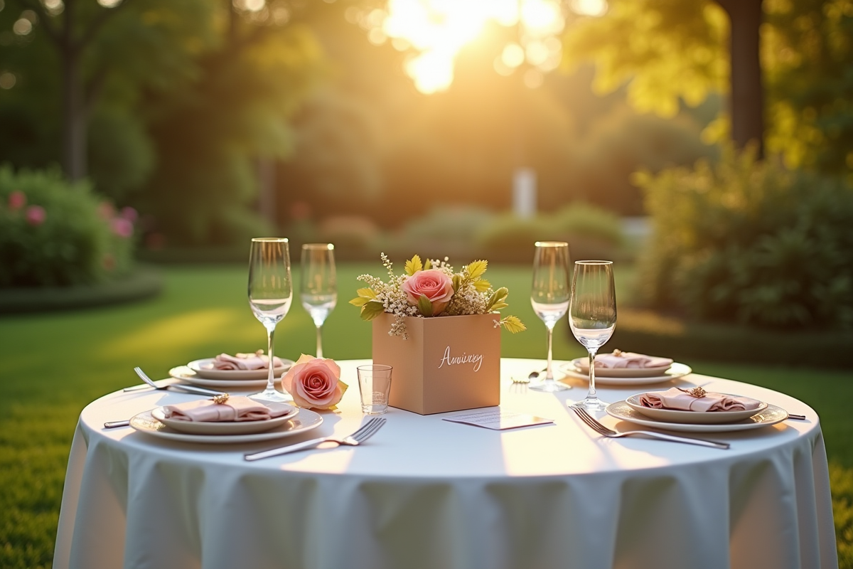 Table extérieure dans un jardin avec cadeaux et notes manuscrites