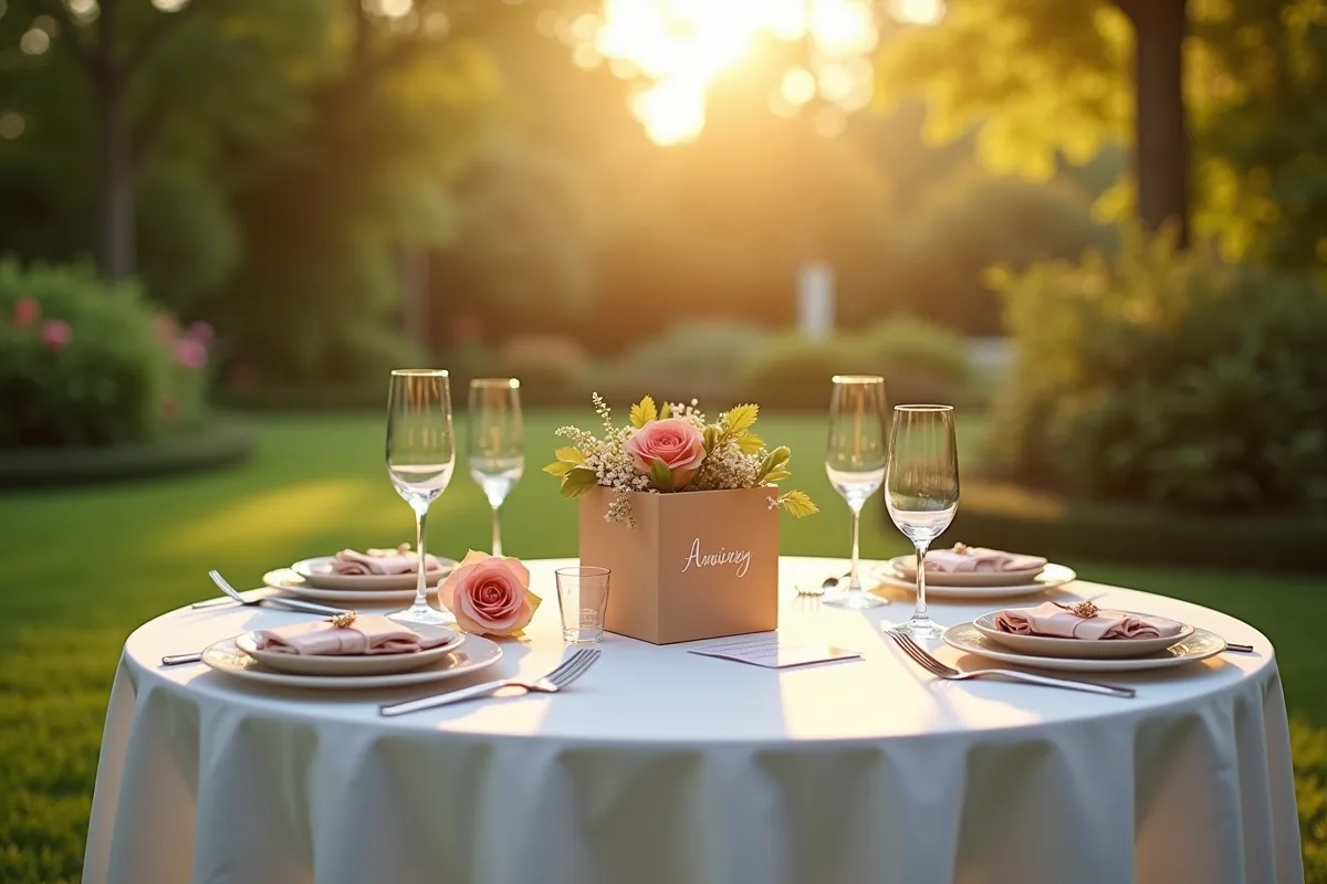 Table extérieure dans un jardin avec cadeaux et notes manuscrites