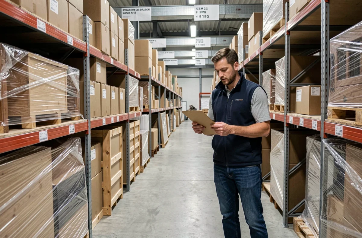 Employé de Thomas Box vérifiant l'inventaire dans un entrepôt de stockage professionnel avec des box organisés