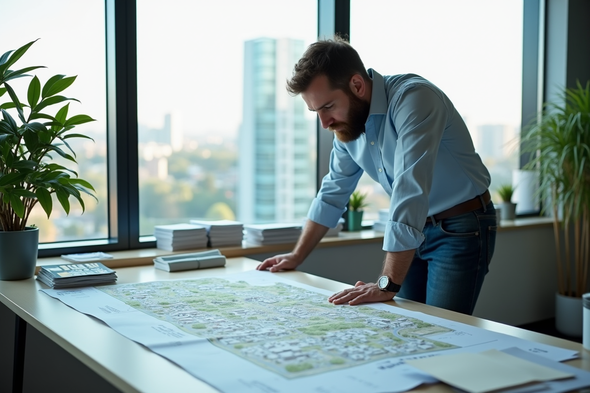 Urbaniste analysant une carte dans un bureau moderne