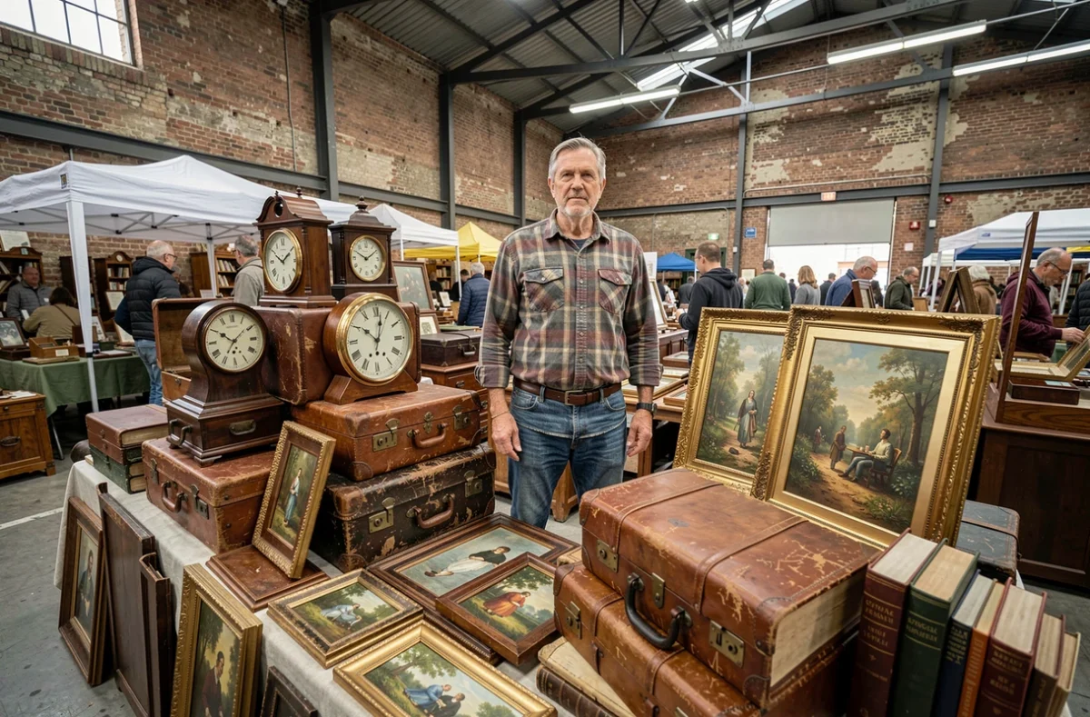 Vendeur de brocante senior derrière un étal intérieur chargé d'objets anciens et de valises vintage