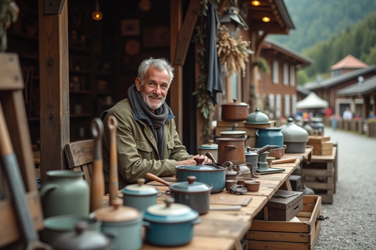 Vendeur souriant derrière son stand d'objets anciens lors d'une brocante en Savoie