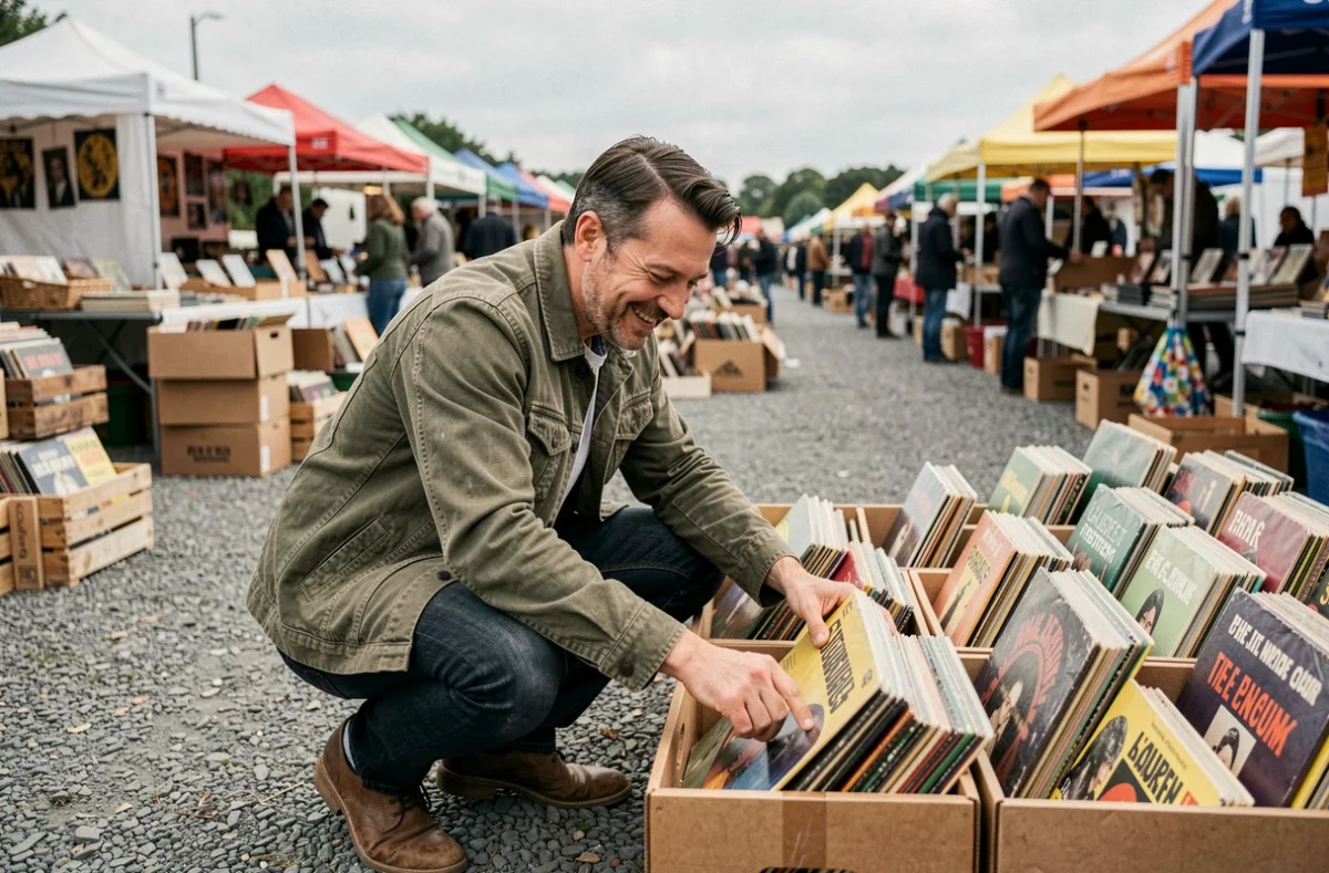 Homme fouillant des vinyles dans un carton à un vide grenier du Morbihan lors d'un week-end de brocante