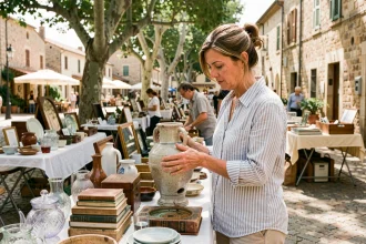 Femme examinant un vase en céramique vintage sur un stand de vide grenier en Bretagne lors d'un week-end ensoleillé