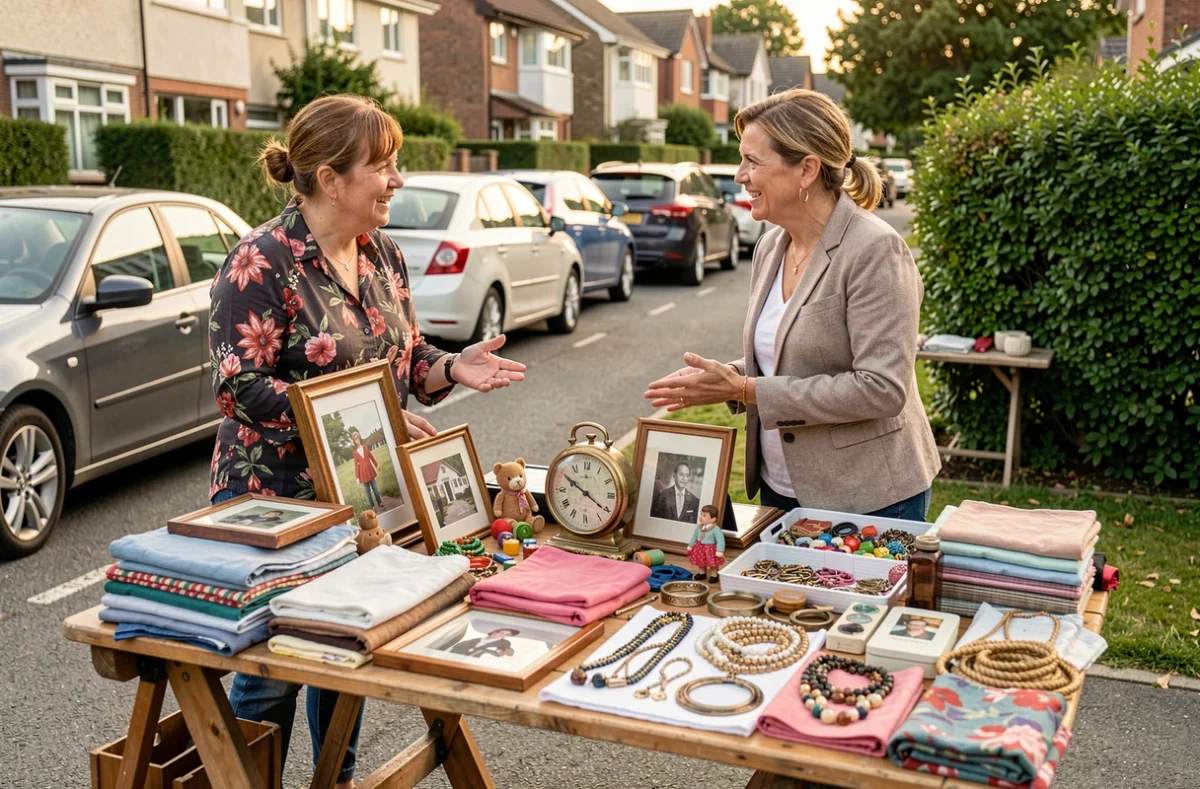 Deux femmes discutant autour d'un étal de vide grenier de quartier dans le Morbihan un week-end matin