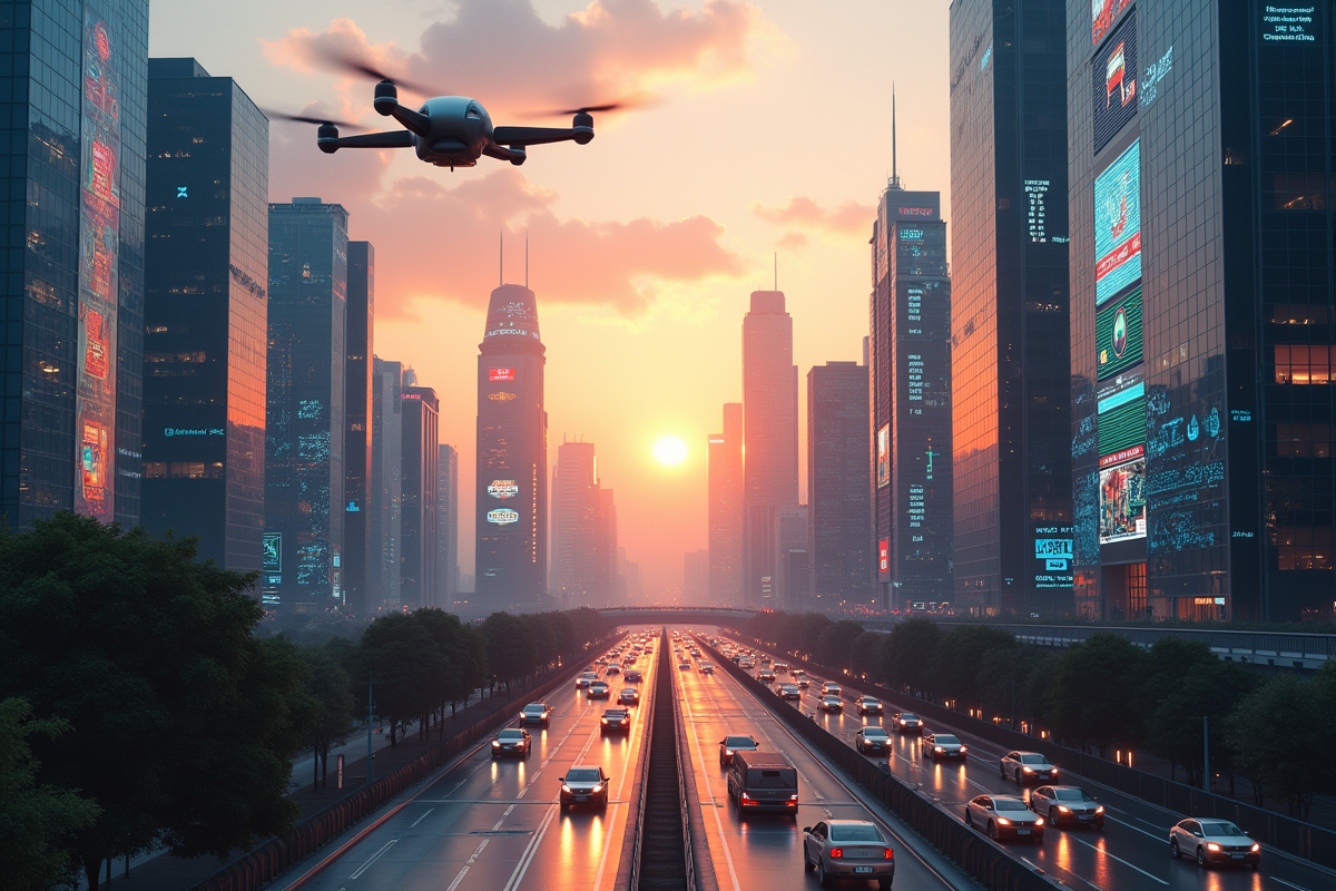 Ville futuriste au lever du soleil avec véhicules autonomes