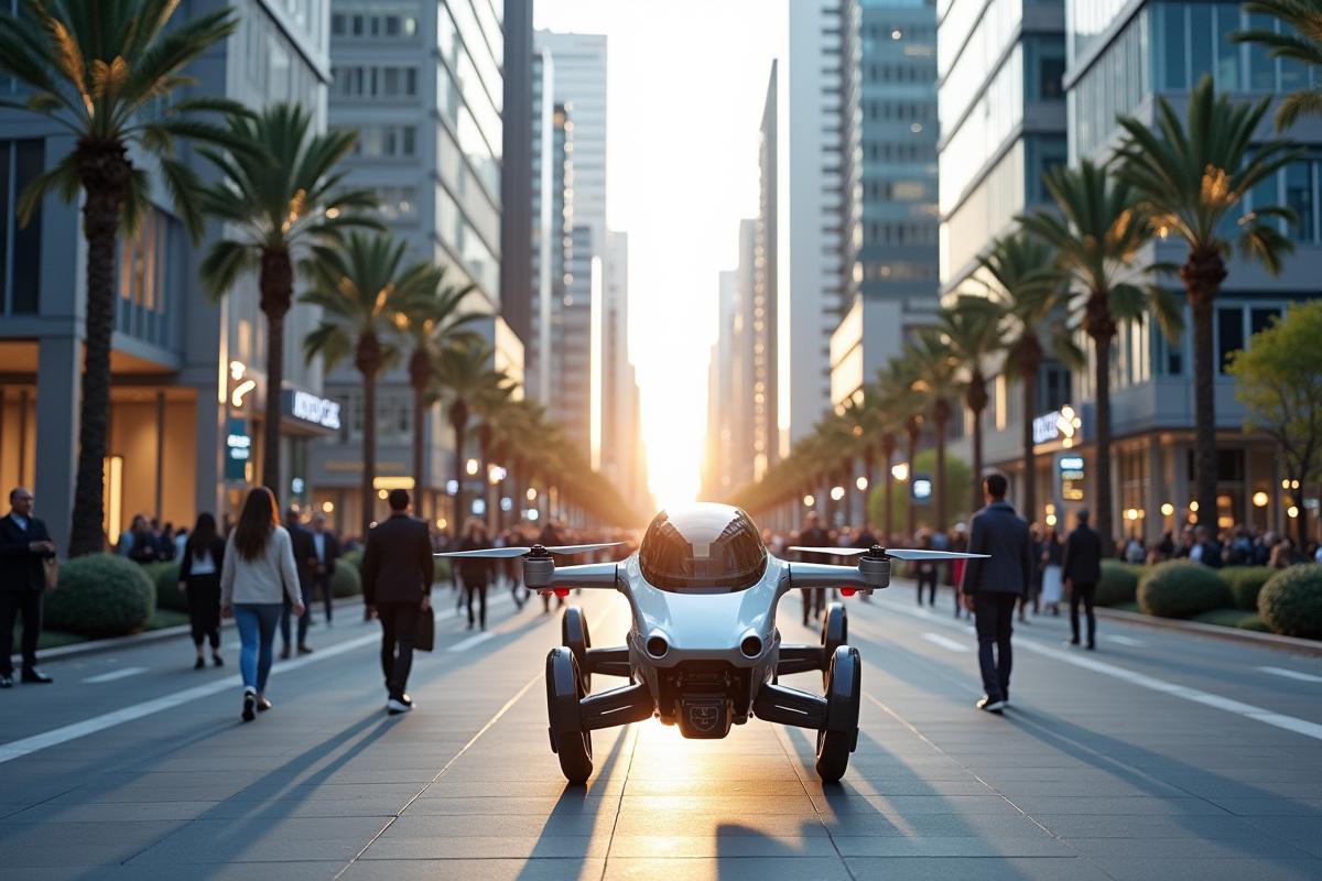 Ville animée avec véhicules autonomes et drones en utilisation quotidienne