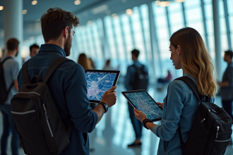 Groupe de voyageurs utilisant des tablettes et montres connectees dans un aéroport
