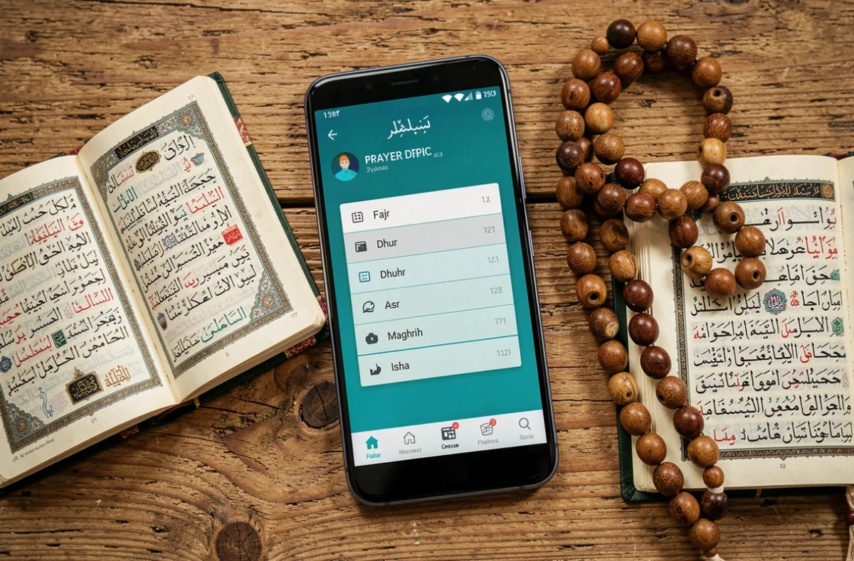 Vue de dessus d'un smartphone affichant une application d'horaires de prière posé sur une table en bois avec un Coran et un chapelet